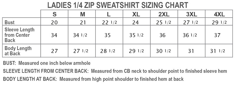 Ladies 1/4 Zip Sweatshirt Sizing Chart
