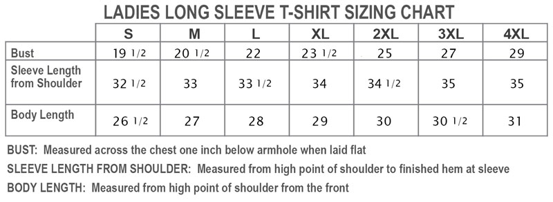 Ladies Long Sleeve T-Shirt Sizing Chart