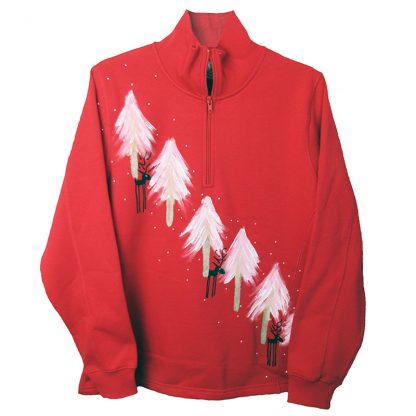 1/4 Zip Sweat with Pine Trees and Reindeer